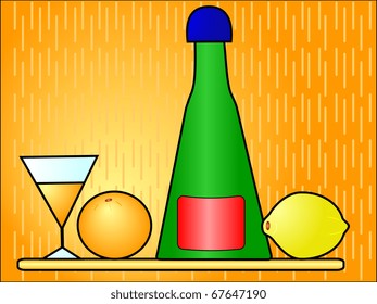 Bottle with a glass, a lemon and an orange