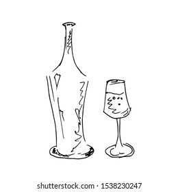 Bottle and glass. Line drawing.  Vector illustration.