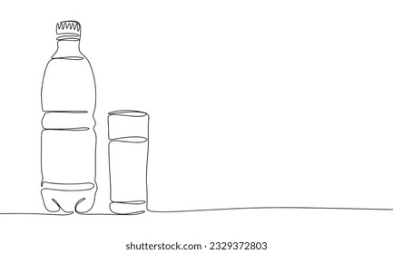 Frasco y vidrio con líquido, agua, vector de silueta de leche. Ilustración de esquema de línea de vector continua de una línea. Aislado sobre fondo blanco.