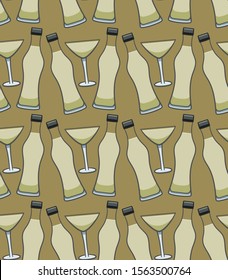 Bottle and glass of martini seamless pattern on brown background