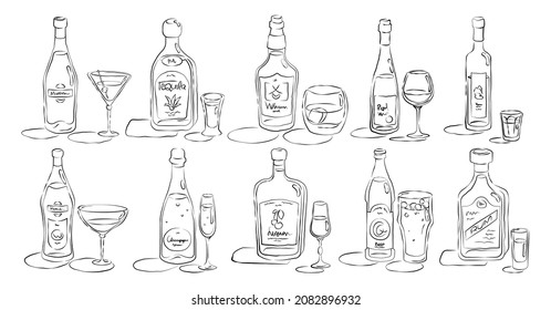 Bottle and glass martini, tequila, whiskey, wine, vodka, vermouth, champagne, liquor, beer, rum together in hand drawn style. Beverage outline icon. Line art sketch on white background. Vector.