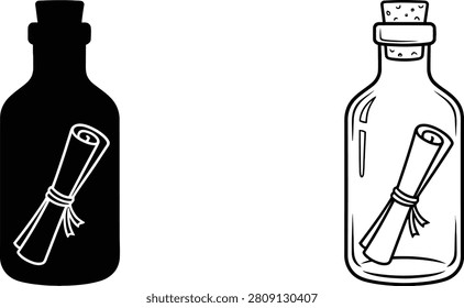 Bottle Glass Message with Cork Top and Scroll Paper Inside, Presented as a Black Silhouette and Outlined Version