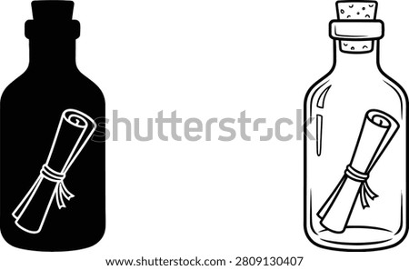 Bottle Glass Message with Cork Top and Scroll Paper Inside, Presented as a Black Silhouette and Outlined Version