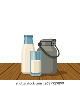 A bottle, glass, and milk can filled with fresh milk on a wooden table.