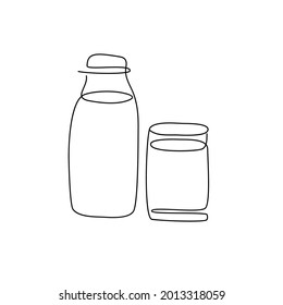 Bottle with a glass of milk continuous line drawing. One line art of dairy produce, milk products, milk, kefir, fermented baked milk, ayran, glass, jug.