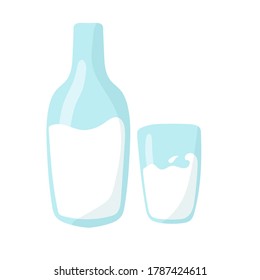 Bottle and glass with milk. Cup with white liquid yogurt, diet nutrition morning dairy product. Hand drawn doodle cartoon vector poster of products