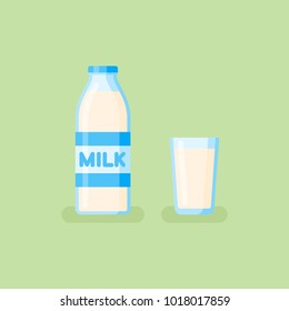 Bottle and glass with milk isolated on green background. Flat style icon. Vector illustration.