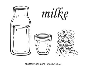 Bottle and glass of milk or water and oatmeal cookies isolated on white background. Hand drawn black and white vector illustration.