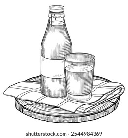 Botella y vaso de leche o agua. Ilustración vectorial de producto lácteo sobre mantel en estilo lineal para recetas de recetas o etiquetas de producto pintadas con tintas negras. Bosquejo monocromo de la bebida.