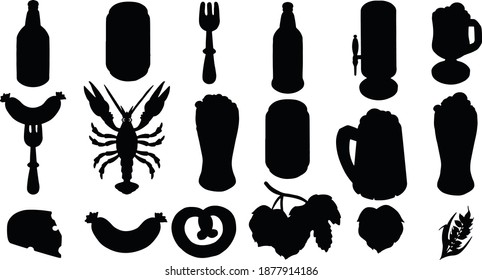 Bottle, glass, mug of beer. Vector icon. Silhouette. stencil. Flask template. Flask silhouette. Jar icon. Glass containers. Logo template. Form for 3d modeling.