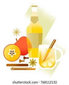 Bottle and glass of mulled cider with cinnamon, cloves, anise and apple slices. Christmas drink. Trendy flat style vector illustration. Decorative composition for winter seasonal designs