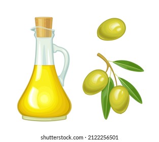 Bottle glass oil with cork stopper and branch with leaves. Color vector realistic illustration for label, poster, web isolated on white background