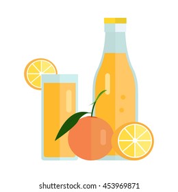 Bottle and glass with orange beverage. Vector in flat design. Sweet summer drink, fresh juice concept. Illustration for icons, labels, prints, logo, menu design, infographics. Isolated on white. 