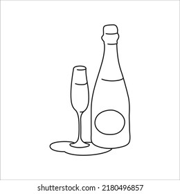 Сhampagne bottle and glass outline icon on white background. Black white cartoon sketch graphic design. Doodle style. Hand drawn image. Party drinks concept. Freehand drawing style. Vector.
