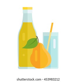 Bottle and glass with pear beverage. Vector in flat design. Sweet summer drink, fresh juice concept. Illustration for icons, labels, prints, logo, menu design, infographics. Isolated on white. 