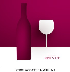 Bottle and glass with red wine. Abstract art composition in modern geometric style. Minialistic concept design template for branding. Vector illustration.