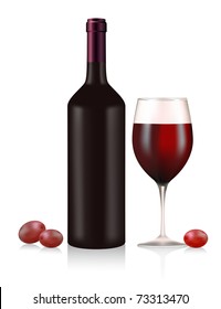 Bottle and glass with red wine and berries