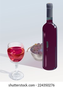 Bottle with glass of red wine and bowel of grape - Illustration.