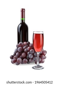 Bottle and glass of red wine with a bunch of grapes. 3d vector illustration