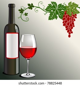 A bottle and glass of red wine and bunch of grapes on a green background with space for your design or text.