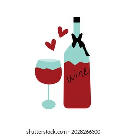 Bottle and glass of red wine in cartoon style. The concept of romance, love and wine. Vector illustration