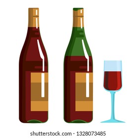 Bottle and glass of red wine in flat design style. 