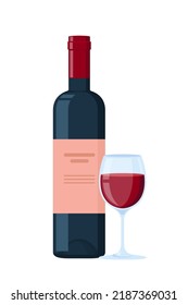 Bottle and glass with Red wine. Flat Vector Illustration