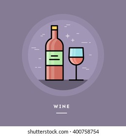 Bottle and glass of  red wine, flat design thin line banner, usage for e-mail newsletters, web banners, headers, blog posts, print and more
