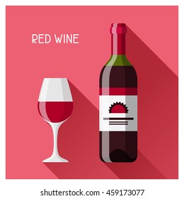 Bottle And Glass Of Red Wine In Flat Design Style.