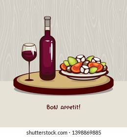 Bottle and glass of red wine with Fresh greek feta cheese salad. Healthy food. Menu vector illustrations. Traditional mediterranean cuisine.