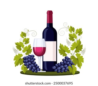 A bottle and glass of red wine and a grape branch with bunches of grapes and leaves. Ornament, pattern, design element. Wine and winemaking concept. Vector vintage pattern for menu and wine labels.