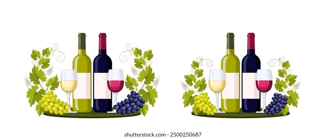 Una botella y una copa de vino tinto y una rama de uva con racimos de uvas y hojas. Adorno, patrón, elemento de diseño. Vino y concepto de vinificación. Patrón vintage de Vector para etiquetas de menú y vino.