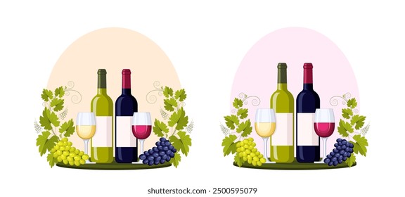 Una botella y una copa de vino tinto y una rama de uva con racimos de uvas y hojas. Adorno, patrón, elemento de diseño. Vino y concepto de vinificación. Patrón vintage de Vector para etiquetas de menú y vino.