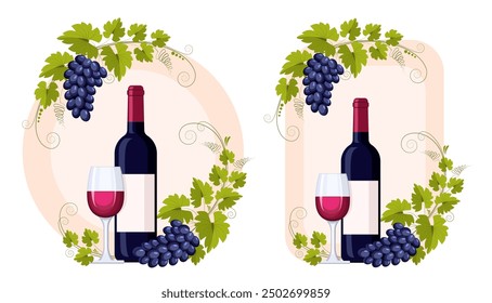 Una botella y una copa de vino tinto y una rama de uva con racimos de uvas y hojas. Adorno, patrón, elemento de diseño. Vino y concepto de vinificación. Patrón vintage de Vector para etiquetas de menú y vino.