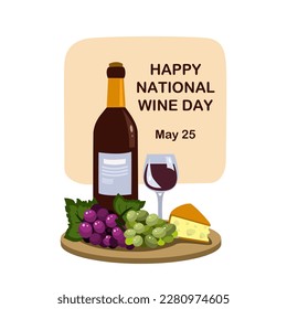 Bottle and glass of red wine grapes bunch and piece of cheese on wooden tray. Poster for National wine day. Vector illustration