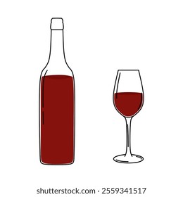 Bottle and glass of red wine. Hand drawn alcoholic beverage isolated on white background. Line drawing wineglass with drink of grape wine. Graphic design element for winery. Vector illustration