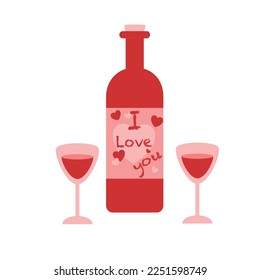 bottle and glass of red wine icon vector illustration. Valentine's Day card. love in monoline 