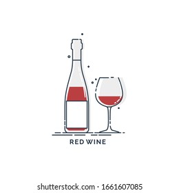 Bottle and glass red wine line art in flat style. Restaurant alcoholic illustration for celebration design. Design contour element. Beverage outline icon. Isolated on white background. Vector.
