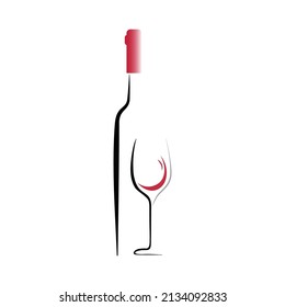 A bottle and a glass of red wine. Linear drawing with a red accent. Vector eps10