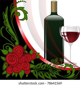 bottle and glass with red wine on black and white background