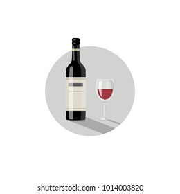 Bottle and glass of red wine. Vector illustration. Icon in cartoon style
