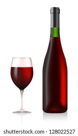 Bottle and glass with red wine; vector