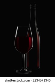 Bottle and glass of red wine. Vector illustration of a bottle and a glass of red wine on a dark background. Sketch for creativity.