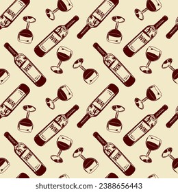 Botella y vaso de vino tinto. Ilustración vectorial de un patrón sin fisuras. Elemento de diseño para menús, listas de vinos, etiquetas, pancartas, folletos, papel envolvente.