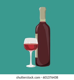 Bottle and glass of red wines. Vector illustration.