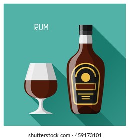 Bottle and glass of rum in flat design style.