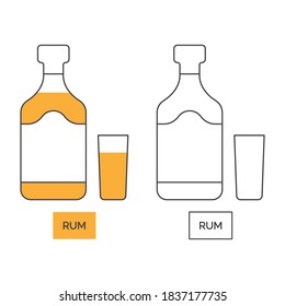 Bottle and glass rum line art in flat style. Restaurant alcoholic illustration for celebration design. Design contour element. Beverage outline icon. Isolated on white background in graphic style.
