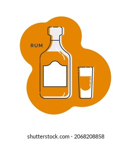 Bottle and glass rum line art in flat style. Restaurant alcoholic illustration for celebration design. Design contour element. Beverage outline icon. Isolated on shape background in graphic style.
