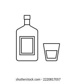Bottle and glass of rum. Linear icons beverages. Outline black alcoholic drinks with wineglasses isolated on white background. Thin line objects. Flat design. Vector illustration.
