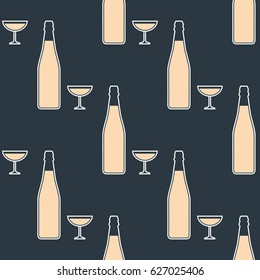 Bottle and glass seamless pattern on dark blue background. Vector illustration